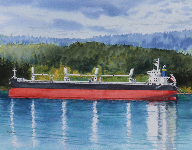 Cargo Ship with Reflections watercolor artwork by Marie Wise image